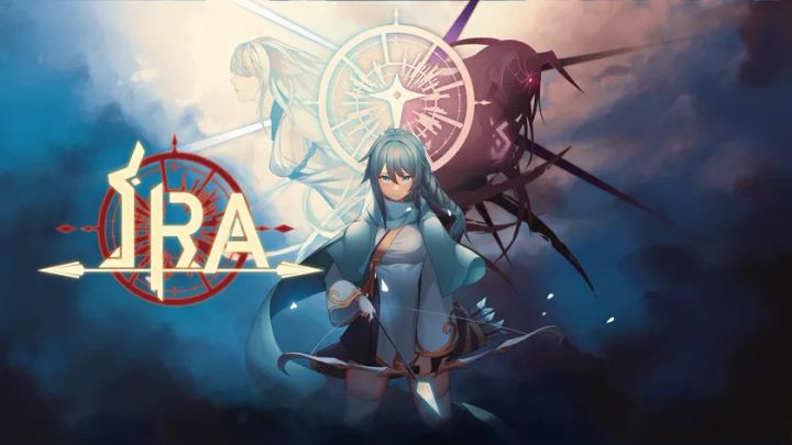 弾幕ローグライク「Ira」のタイトルロゴと水色の長髪を持つ弓使いキャラクターを中心に、背後に白い人影と黒い異形の敵が配置されたキービジュアル