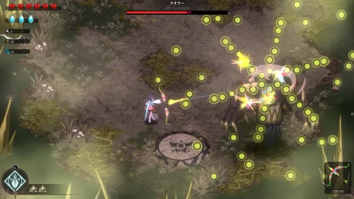 俯瞰視点の実機プレイ画面で、プレイヤーキャラクターがボス「タオウー」に弓矢を放ち、黄緑色の弾幕が画面全体に展開されているバトルシーン
