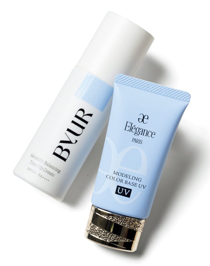 （右）肌の凹凸をなめらかに整える。エレガンス モデリング カラーベース UV BU330 SPF40･PA+++ ¥5,500／エレガンス コスメティックス （左）美容成分たっぷり。バイユア セラムフィット バランシング トーンアップクリーム02 SPF50+･PA++++ ¥2,750／Hamee