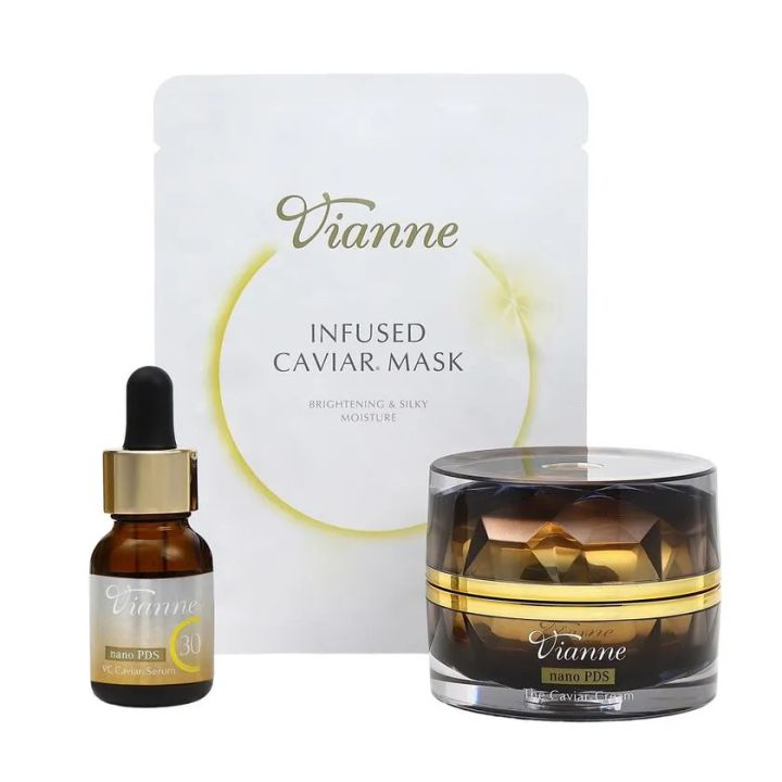 ViannブランドのVC Caviar SerumスポイトボトルとThe Caviar Creamジャー、Infused Caviar Maskパウチの3製品を白背景に並べた商品ラインアップショット