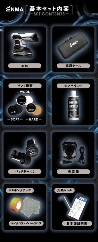 ENMAダブルアクションポリッシャーの基本セット内容一覧。本体・専用ケース・バフ3種類(WOOL/SOFT/HARD)・コンパウンド・バッテリー×2・充電器・マスキングテープ・マイクロファイバークロス・六角レンチ・日本語説明書の全付属品を図