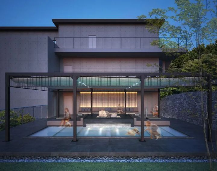 THE SCENE HAKONE YUMOTOの外観パース。夜間照明が灯るオープンテラス付き温泉エリアに犬連れゲストが複数人くつろぐ、ドッグ同伴対応の露天風呂スペースと2階建てコンクリート造建物全景