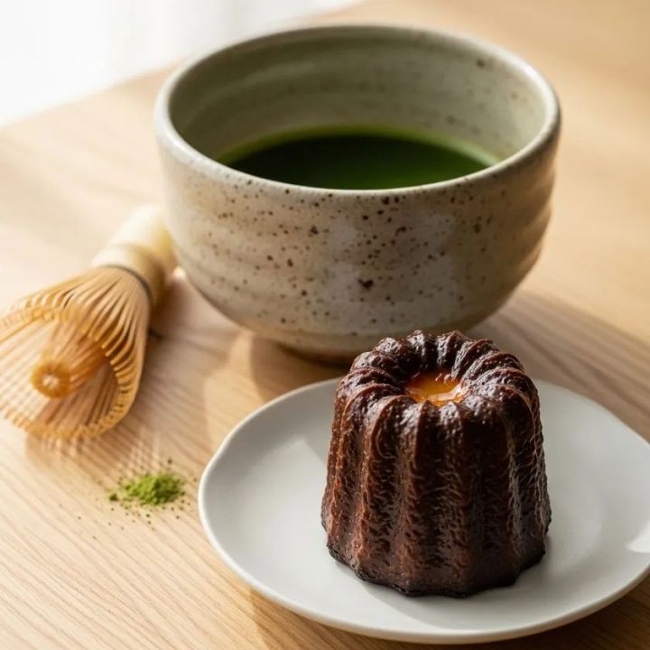 抹茶を点てた茶碗・茶筅・抹茶粉末と、白皿に乗ったカヌレを木製テーブルに並べた静物写真。抹茶体験イベントの飲食内容を具体的に示す一枚