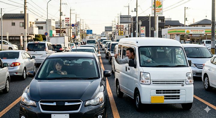 危険な煽り運転に遭遇した際は、張り合わずに人の出入りがある駐車場へ逃げ込みましょう ※Google Geminiにて作成