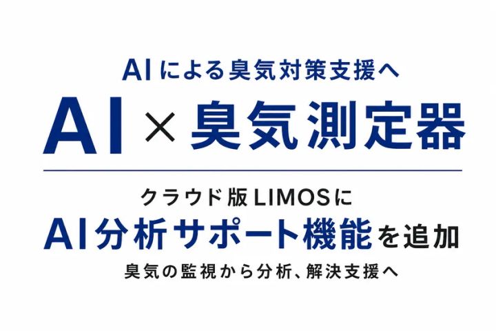 クラウド版LIMOSへのAI分析サポート機能追加を告知するテキスト主体の告知ビジュアル。AI×臭気測定器の組み合わせと臭気監視から解決支援への展開を紺色の大見出しで訴求している