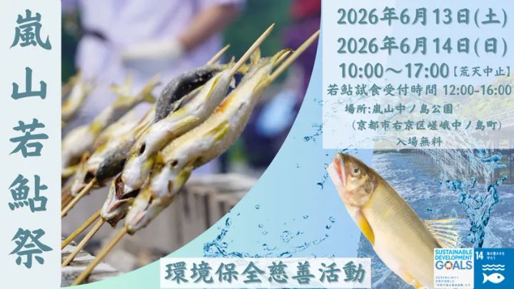 嵐山若鮎祭2026の公式告知バナー。開催日時（6月13日・14日、10時〜17時）・場所（嵐山中ノ島公園）・入場無料・環境保全慈善活動の文字と串刺し鮎・鮎の魚体写真を組み合わせたイベント概要図