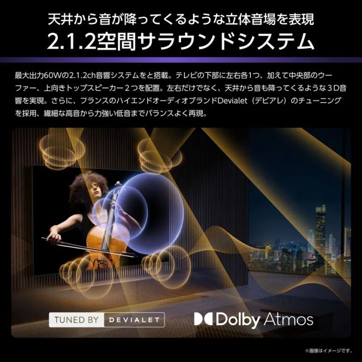 ハイセンステレビの2.1.2空間サラウンドシステム説明図。最大60W出力、Devialet社チューニング、Dolby Atmos対応を示す3D音響イメージ図