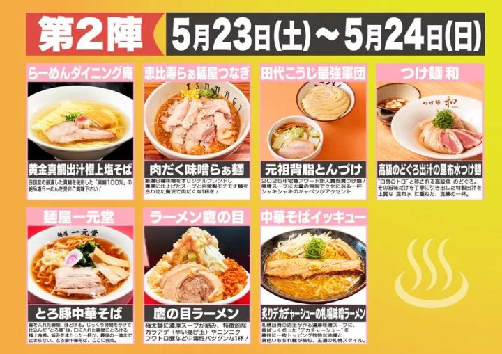 第2陣（5月23日土〜24日日）出店7店舗の一覧表。らーめんダイニング庵の黄金真鯛塩そば・恵比寿つなぎの肉だく味噌らぁ麺・田代こうじ最強軍団の背脂とんづけ・つけ麺和の昆布水つけ麺・麺屋一元堂のとろ豚中華・ラーメン鷹の目の鷹の目ラーメン・中華