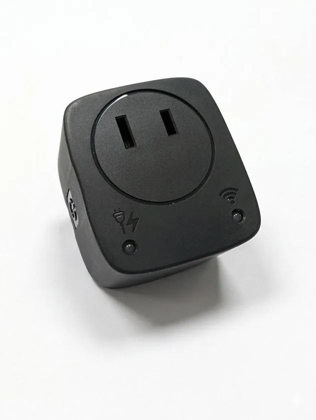 黒色コンパクト筐体にコンセント差込口・Wi-Fiアイコン・電力計測ボタンを備えたiSure AIスマートコンセントの単体商品ショット
