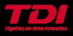 TDI株式会社のコーポレートロゴ。赤色の「TDI」ロゴタイプとキャッチコピー「Together, we Drive Innovation.」のみで構成された企業識別素材