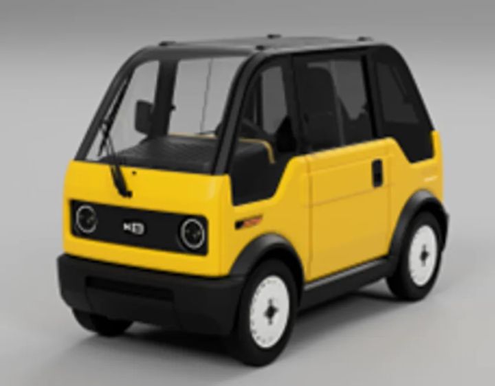 KGモーターズ製小型電動モビリティ「mibot（ミボット）」のイエロー×ブラック2トーン外装、丸型ヘッドライト2灯と箱型ボディを斜め前方から捉えた3Dレンダリング車両全体像