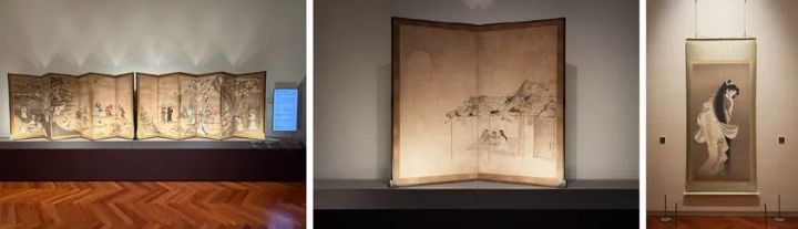 全て【高精細複製品】 左から 国宝「花下遊楽図屏風」 (展示期間：～5/17)、 国宝「納涼図屏風」 (展示期間：6/30～8/30)、「焔」 (展示期間：～8/30)