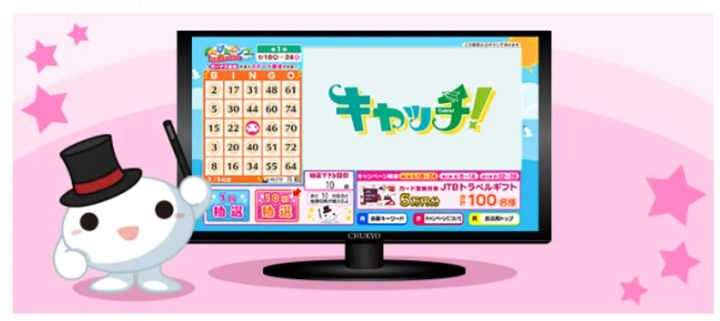 中京テレビ公式サイトのビンゴゲーム画面をモニターに表示し、マスコットキャラクターが隣に立つキャンペーン参加方法の説明図。ビンゴカードとキャッチ！番組ロゴ、抽選回数などが確認できる