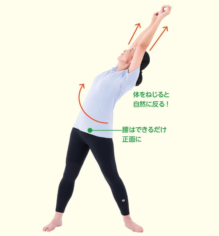 体が斜め上に引っ張られるイメージで！