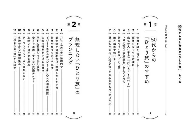 同書の第1章・第2章の目次ページ。50代からのひとり旅のすすめと無理しないプランニングの各節タイトルとページ番号が縦書きで一覧表示されている