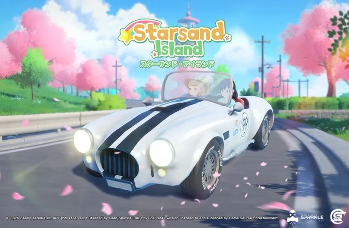 ライフシミュレーションRPG『Starsand Island（スターサンド・アイランド）』のゲームロゴと、白いオープンカーに乗るキャラクター2人が桜並木の道路を走るシーン。