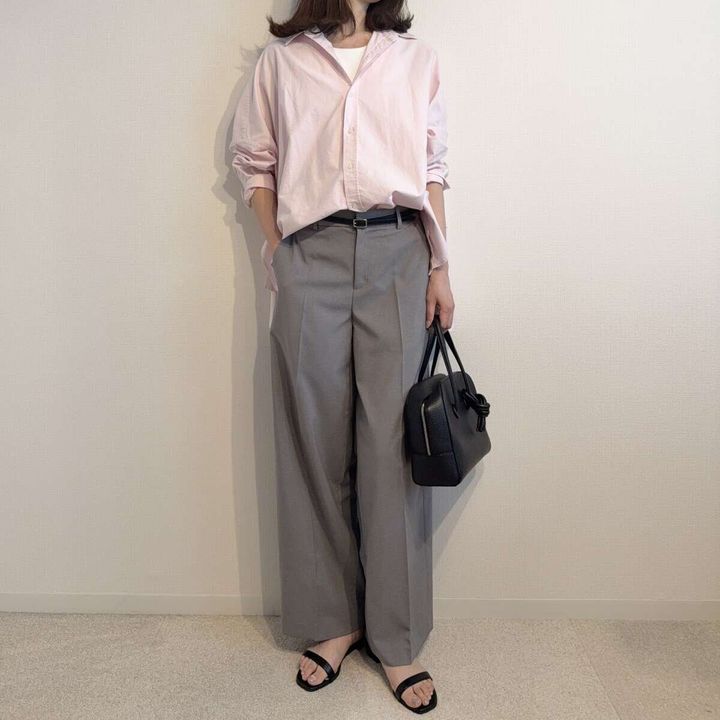 OX Poncho シャツ ピンク×グレーパンツの通勤きれいめコーデ