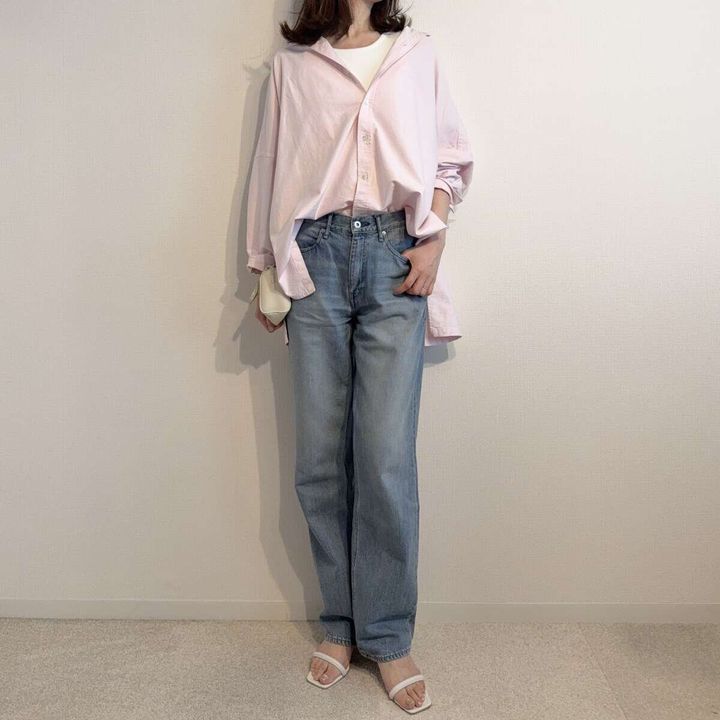 OX Poncho シャツ ピンク×デニムパンツの爽やかコーデ