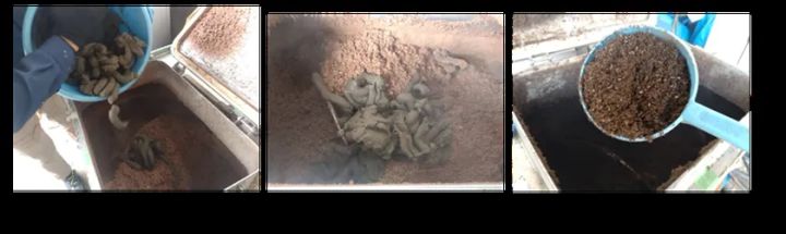 余剰汚泥連続処理試験の3段階工程写真。汚泥投入・処理中・分解後の状態変化を並べて示した実験記録ショット