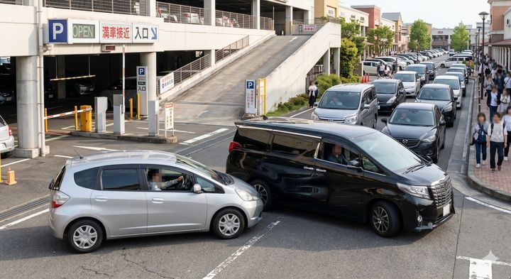 駐車場待ちの列での強引な割り込みと口論 ※Google Geminiにて作成