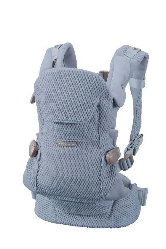 BABY CARRIER ON Pittoresk 抱っこひも（ブルー/スモーキーブルー系カラー）の背面・側面から見た単品商品写真。メッシュ素材のパネル、肩ベルト、腰ベルト、バックル類の構造が確認できる