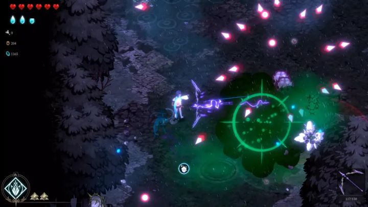 ゲーム「Ira」のインゲーム画面。暗い森のステージで主人公が紫の電撃を帯びた弓矢を放ち、赤と緑の弾幕が飛び交うバトルシーン