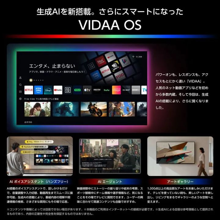 ハイセンスRGB UXSシリーズのスマートOS「VIDAA OS」の機能紹介画像。生成AI搭載によるAIボイスアシスタント・AIエージェント・アートギャラリーの3機能をホーム画面UI・使用シーン写真とともに解説