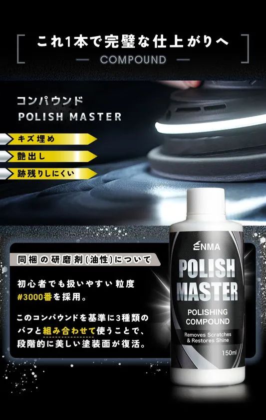 ENMAブランドの付属研磨剤POLISH MASTER（150ml）の商品ショット。キズ埋め・艶出し・跡残りしにくい特長と#3000番粒度の説明、使用中のポリッシャー接写を組み合わせた紹介画像