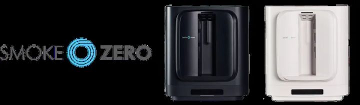 SMOKE ZEROのロゴと本体カラーバリエーション（ブラック・ホワイト）の正面商品ショット。2色の外観デザインを並べて比較できる構成
