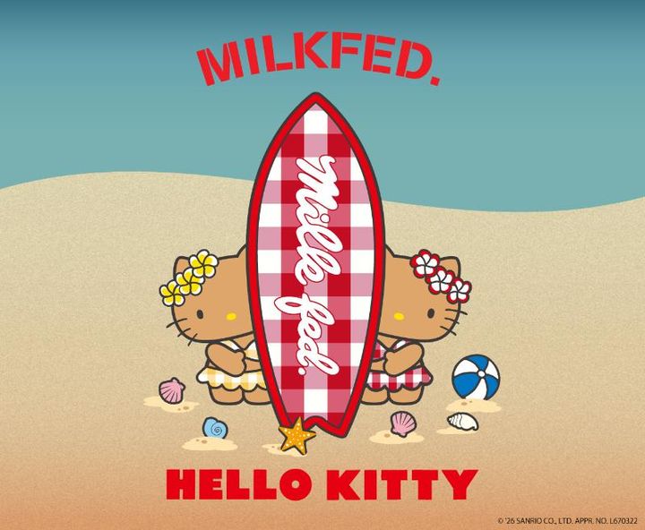 ロサンゼルスのビーチをイメージしたデザインに注目！《MILKFED.》× HELLO KITTY のキュートでトロピカルなコラボアイテムが到着