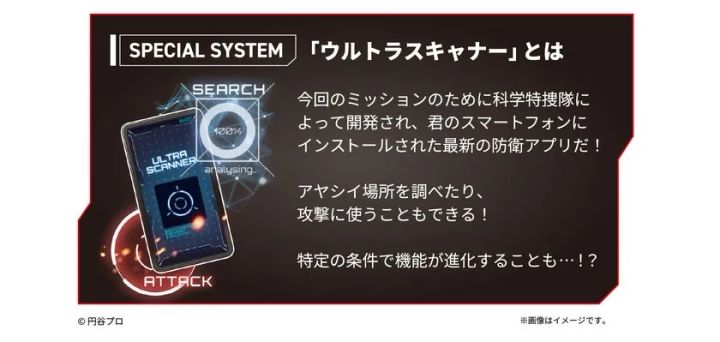 スマートフォン用ARアプリ「ウルトラスキャナー」の機能説明図。SEARCH・ATTACKの2機能と条件付き進化の仕様をテキストで紹介する告知パネル