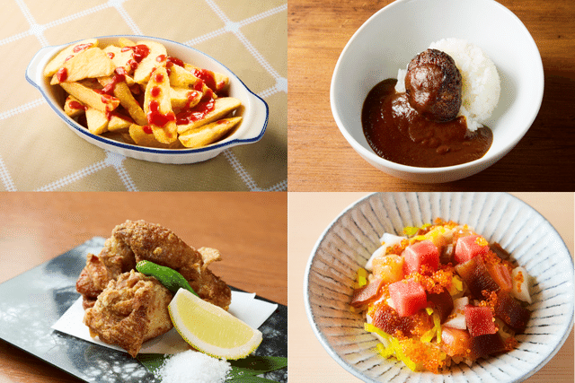 キッズメニュー4選。ナチュラルフライドポテト、和牛キッズカレー、錦爽鶏唐揚げ、キッズばらちらし丼