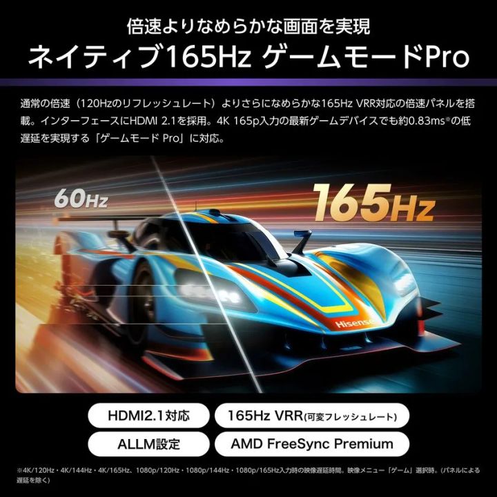 ハイセンスTVのネイティブ165Hz対応ゲームモードPro紹介画像。60Hzと165Hzの映像比較としてレーシングカーの動きを左右分割で示し、HDMI2.1・VRR・AMD FreeSync Premium対応を記載