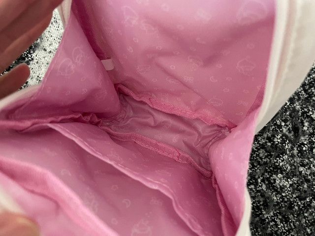 ポーチの内側別アングル。ピンクの裏地に内ポケットが2つあるのが確認できる