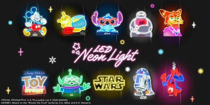 ディズニーキャラクターのLEDネオンライト全10種並びの展示イメージ