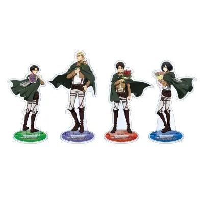 進撃の巨人×ニジゲンノモリコラボのアクリルスタンド4種（リヴァイ・エルヴィン・エレン・ミカサ）を並べた商品写真。各キャラが花束を持つ衣装違いのデザインで台座カラーが異なる