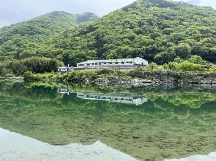 緑深い山を背景に、川沿いに建つ白い工場・製造施設の外観写真。川面に建物と山が鏡面反射しており、半田そうめんの産地である徳島県の自然環境と製造拠点の立地を示す風景ショット。