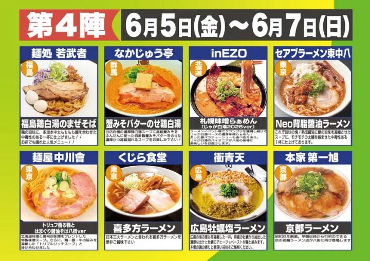 第4陣（6月5日〜7日）出店8店舗の一覧表。福島・群馬・北海道・東京・東京・広島・京都各店の料理写真と店名・メニュー名・説明文を掲載