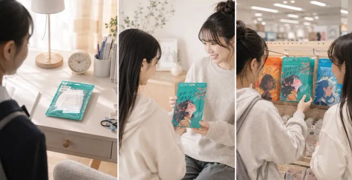 3コマ構成で、自室の勉強机にパッケージを置くシーン・保護者らしき人物が女の子に「スポーツまもり」グリーンパッケージを手渡すシーン・量販店の陳列棚でパッケージを選ぶシーンを横並びに収めた生活場面写真