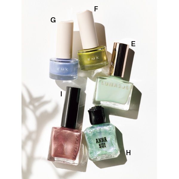 【E】ルナソル ネイルポリッシュ 【F】RMK シャイン ラッシュ ネイルカラー 【H】ネイルカラー 