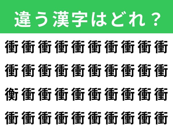 ずらりと並んだ「衝」の中に、1文字だけ違う漢字が隠れています。制限時間は1分！ 集中力と観察力を発揮して、別の漢字を見つけ出してみましょう。脳の活性化にもぴったりなクイズです。