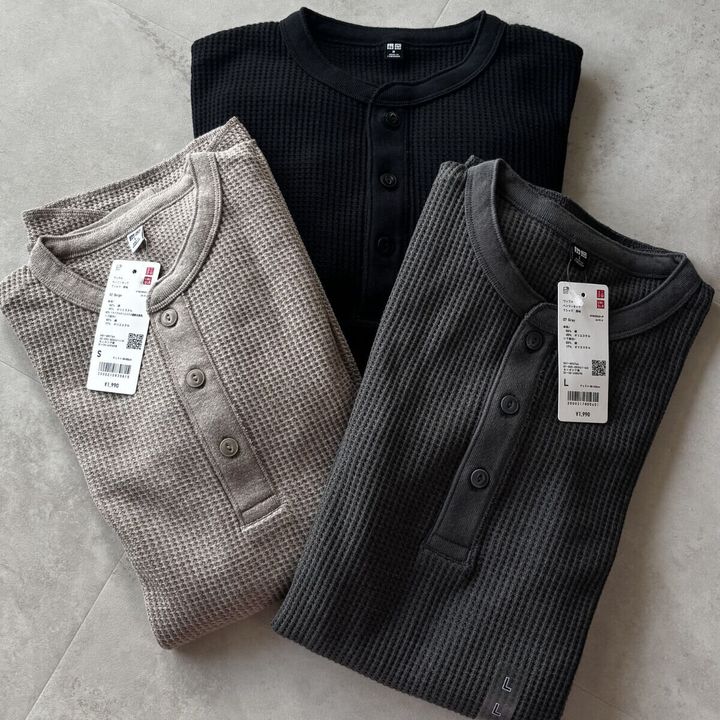 ユニクロ ワッフルヘンリーネックTシャツ 3色置き撮り