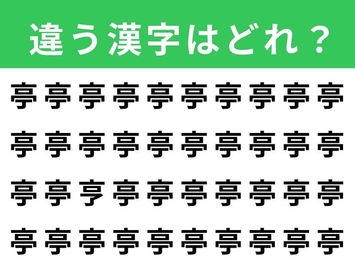 ずらりと並んだ「亭」の中に、1文字だけ違う漢字が隠れています。制限時間は1分！ 集中力と観察力を発揮して、別の漢字を見つけ出してみましょう。脳の活性化にもぴったりなクイズです。