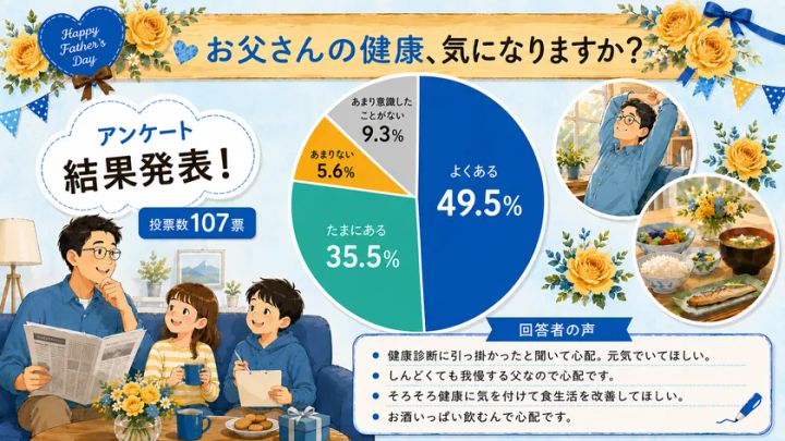父の健康を気にするかを問う107票のアンケート円グラフ（よくある49.5%・たまにある35.5%）と回答者コメントを父の日デザインでまとめたインフォグラフィック