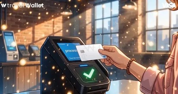Travel Walletロゴ入りのイラスト調画像。女性の手がカード決済端末にプリペイドカードをタッチし、チェックマークが表示された決済完了シーン。