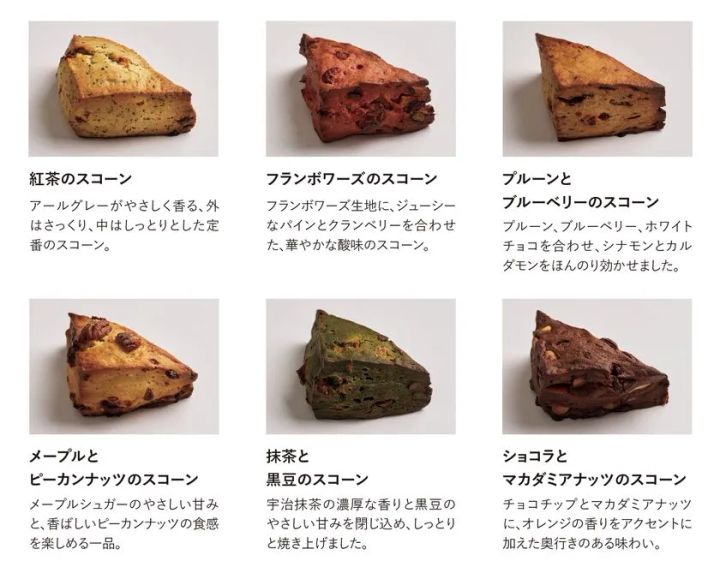 Pre Sconeの6フレーバー単品写真と各説明文を並べた一覧。紅茶・フランボワーズ・プルーン＆ブルーベリー・メープル＆ピーカンナッツ・抹茶＆黒豆・ショコラ＆マカダミアナッツの全種と味の説明が記載されている