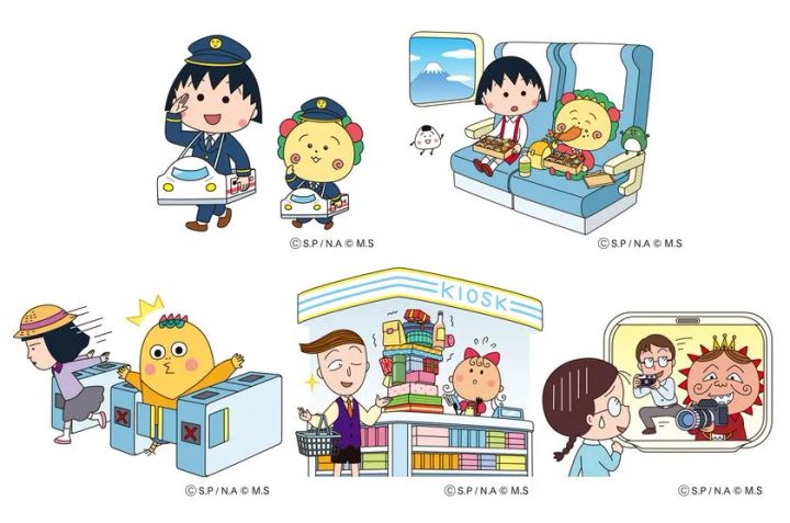キャンペーン描き下ろしイラスト5点の白背景並び。駅員まる子とコジコジ、新幹線車内での弁当シーン、改札通過シーン、KIOSK店頭シーン、カメラ撮影シーンをまとめたイラスト集