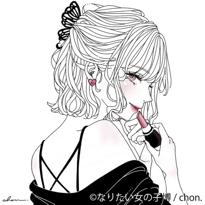 イラストレーターchon.による「なりたい女の子博」描き下ろし作品。蝶のヘアアクセサリーとハートピアスを付けた女の子が後ろ姿でリップを塗る白背景のモノクロ線画にピンクのワンポイント彩色