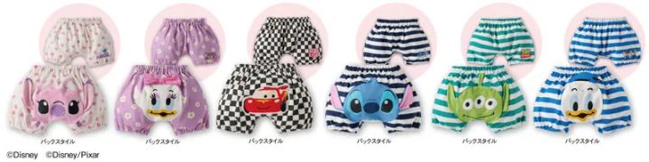 スティッチ・デイジー・カーズ・エイリアン・ドナルドなどキャラクターのバックデザインが特徴的なベビー用かぼちゃパンツ6種類を並べた全点比較ショット