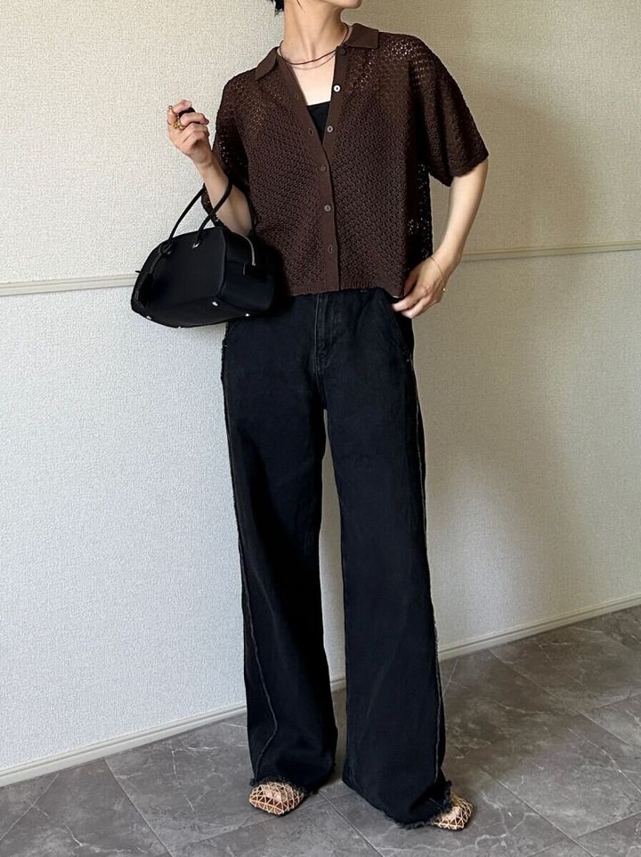 Style1 OKコーデ：ボタンを開けて抜け感を出したGU透かし編みニットシャツの全身コーデ